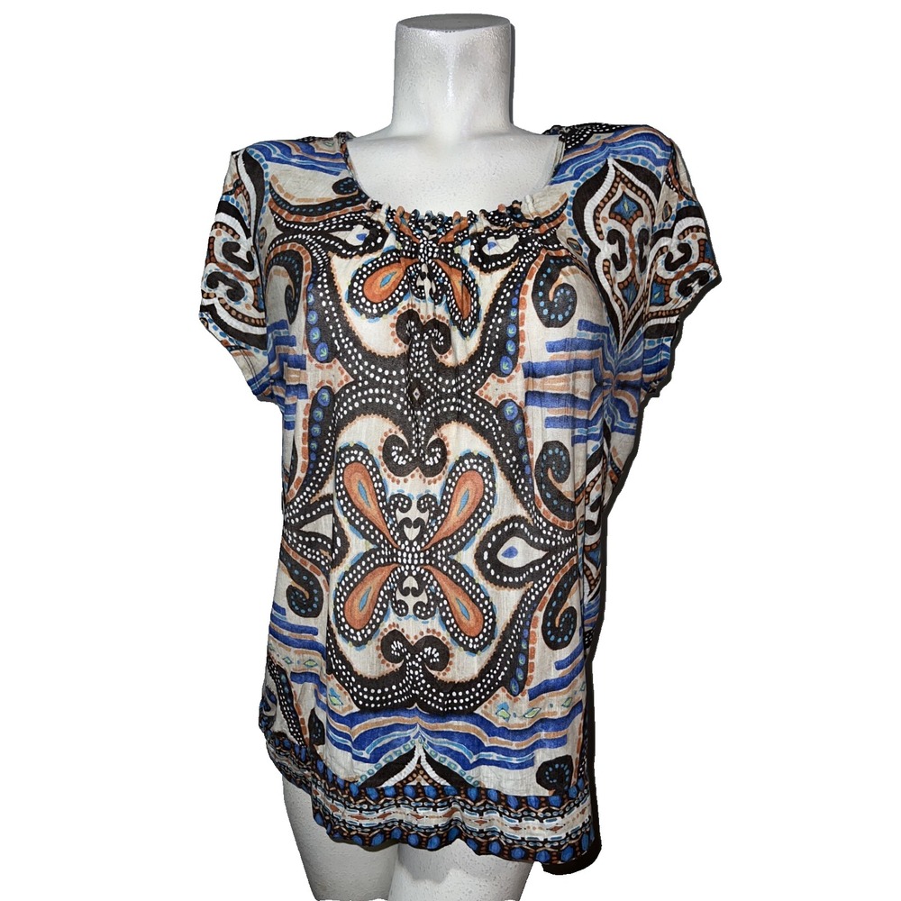Chicos Beaded Paisley Print Rayon Blouse Blue Brown Size 3 XL
